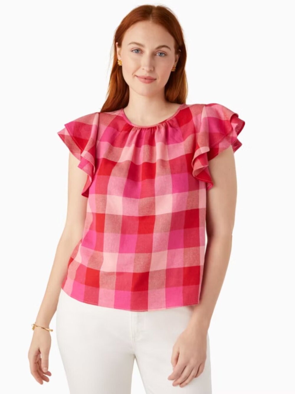 Kate Spade Pink & Red Gingham Ruffle Blouse Short Sleeve Top Linen Viscose - Picture 2 of 16